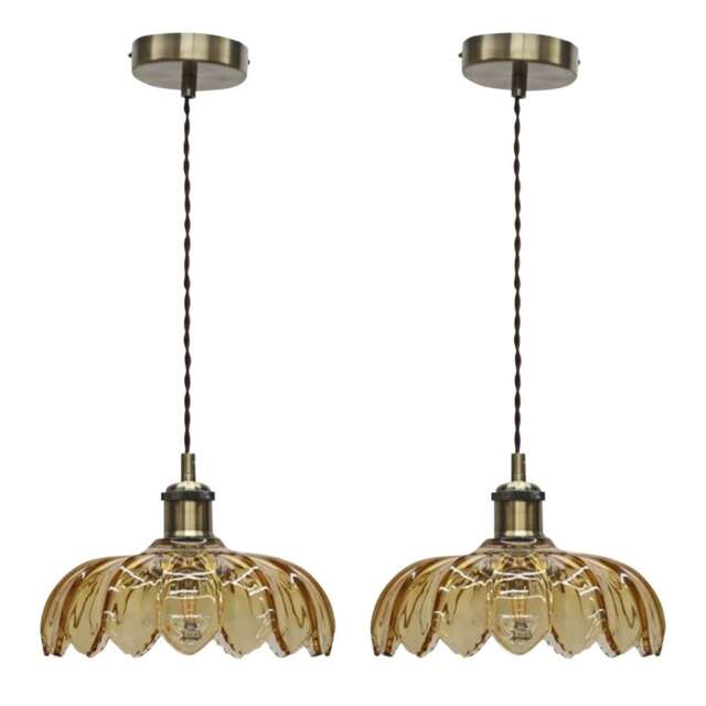 Set of 2 Alice - Amber Leaf Pendant Shades with Antique Brass Flex Set