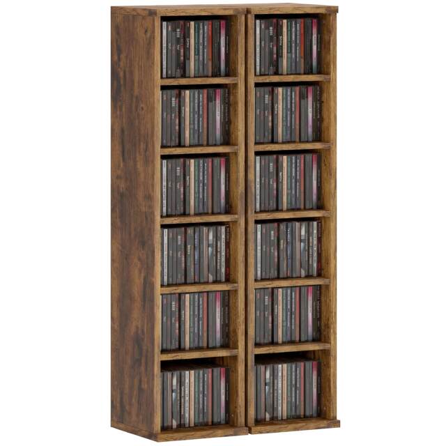 HOMCOM Set of 2 CD Storage Units with Adjustable Shelves, Rustic Brown Brown Rustic Brown 21W x 22.5D x 88.5H cm