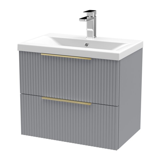 Balterley Fluted Front Wall Hung 2-Drawer Bathroom Vanity Unit with 1 Tap Hole Basin, Handles Grey Satin Grey