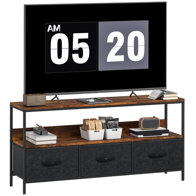 HOMCOM TV Stand Cabinet up to 55-inch, TV Unit with 3 Foldable Linen Drawers, Open Shelf for Living Room, Bedroom, Entertainment Room, Rustic Brown Brown
