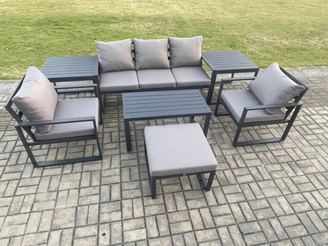 Fimous Aluminium Patio Outdoor Furniture Set 6 Seater Garden Sofa with Oblong Coffee Table Big Footstool 2 Armchairs 2 Side Tables Dark Grey