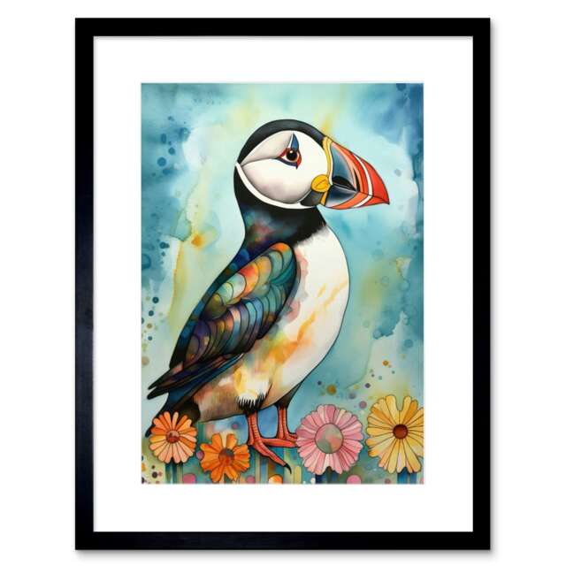 "Puffin Bird Animal Flowers Colourful Folk Art 9x7"" Black Framed Wall Art Print"