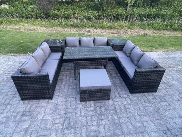 Fimous Outdoor PE Wicker Garden Furniture Rattan Lounge Sofa Set Patio Rectangular Dining Table with Big Footstool 2 Side Table 10 Seater Dark Grey Mixed