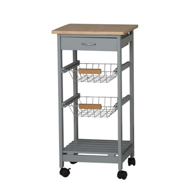3 Tier Portable Oasis Bamboo Top MDF Kitchen Trolley Drawer Shelf Cart on Wheels Grey Grey