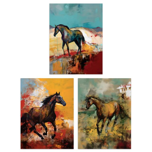 Set of 3 Wild Horses Oil Paintings Galloping Wilderness Canada Earthy Home Decor White Artwork Wall Art Prints 12X16 Inch