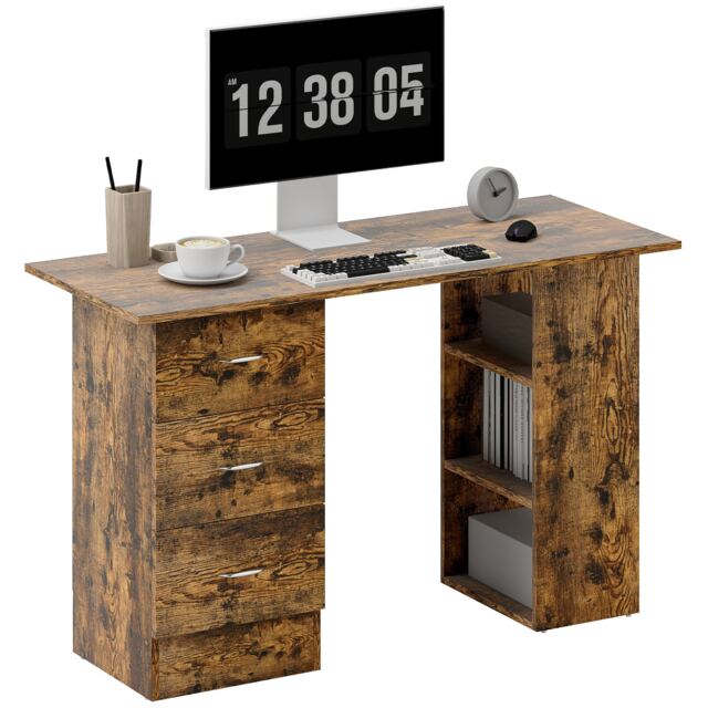 HOMCOM 120cm Computer Desk, Study Table with 3 Shelf & Drawers, Rustic Brown