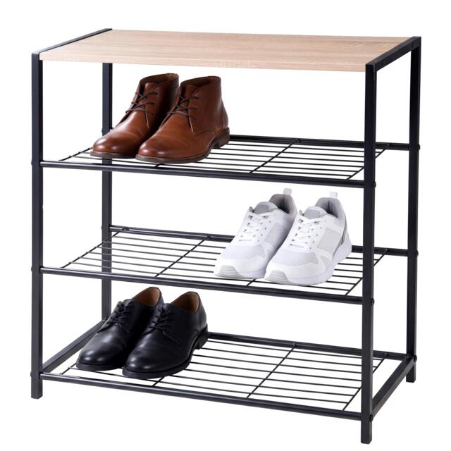GEEZY Shoe Rack Bench 3 Tier Metal and Wooden Storage Organiser