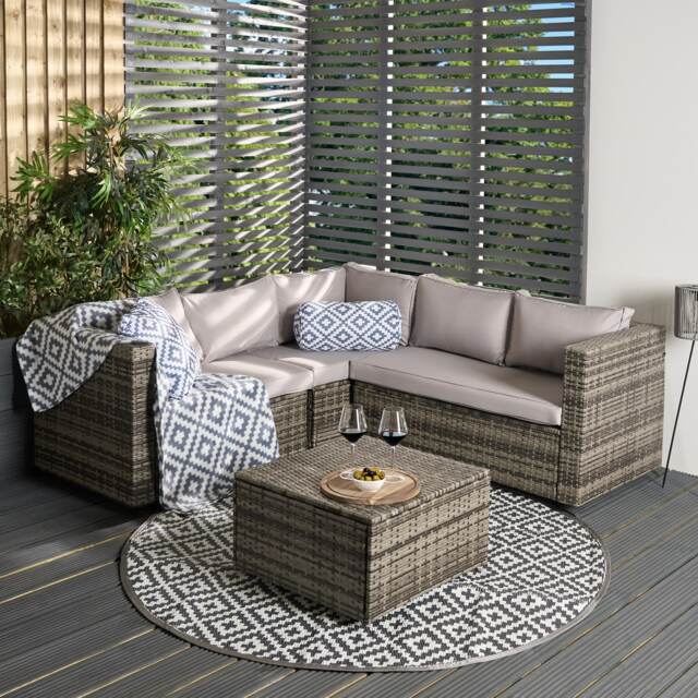 OHS Tuscany 5 Seater Rattan Garden Sofa Set Patio Table L Shape Settee Grey
