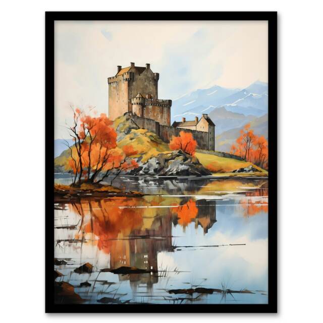 Eilean Donan Castle Scotland Watercolour Black Framed Wall Art Print A4