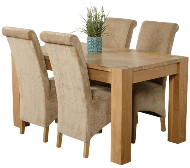 Kuba 150 x 85 cm Chunky Medium Oak Dining Table and 4 Montana Fabric Chairs Brown Beige