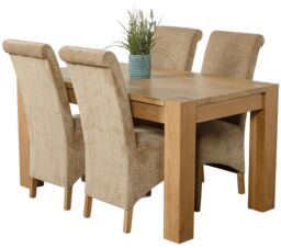 Kuba 150 x 85 cm Chunky Medium Oak Dining Table and 4 Montana Fabric Chairs Brown Beige