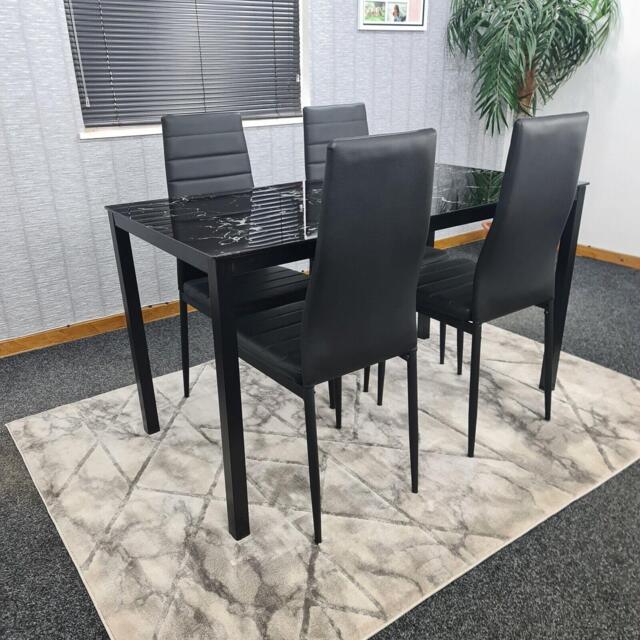 Dining Table and 4 Chairs Black Marble Effect Glass 4 Faux Leather Black Chairs Dining Room Furniture Black One Size 5