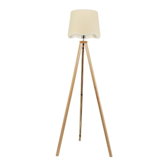ValueLights Barbro Light Wood Tripod Floor Lamp White Trim Scallop Shade