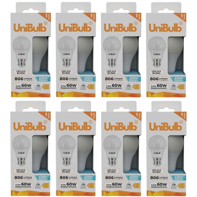 UniBulb LED GLS B22 Bayonet Cap (BC) 806lm 7.3W (Replaces 60W) 6500K (Daylight) Light Bulb - Pack of 8 White Daylight 8