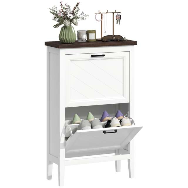 HOMCOM Shoe Cabinet with 2 Flip Drawers, Narrow Shoe Storage Cabinet, White