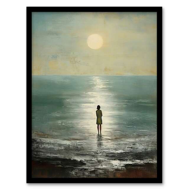 Sea View at Full Moon Sea Shore painting Home Decor Black Framed Wall Art Print A4