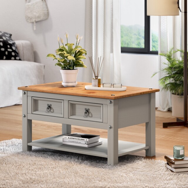 Mercers Furniture Corona Coffee Table Grey Wax 2 Drawer 1 Shelf Solid Wooden Pine Wood Living Room with Mexican Styling