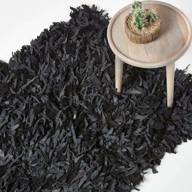 Homescapes Dallas Leather Shaggy Rug Black - 120 x 180 cm Black Black 120 x 180 cm