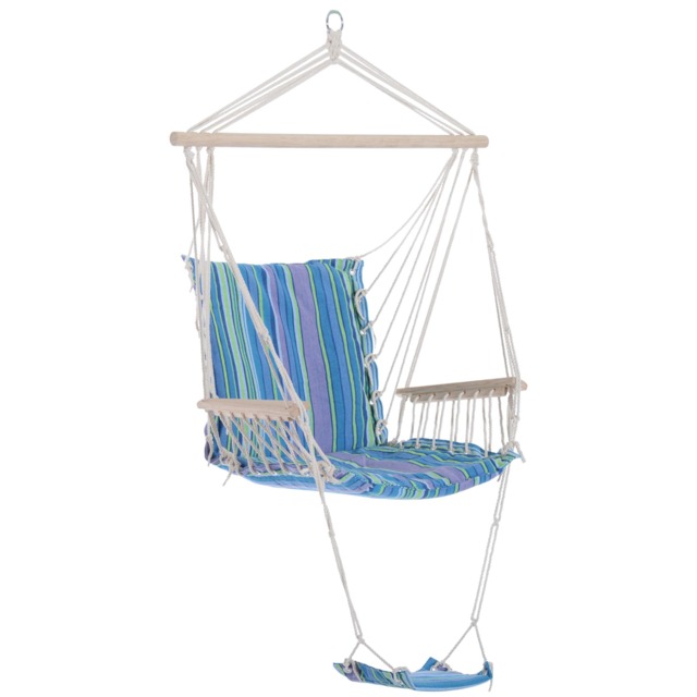 Outsunny Garden Hammock w/ Footrest Armrest Patio Swing Seat Hanging Rope Blue Blue Blue Stripe