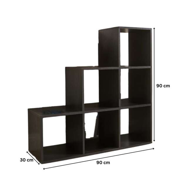 Step Style Storage Cube 6 Shelf Bookcase Wooden Display Staircase Unit Black