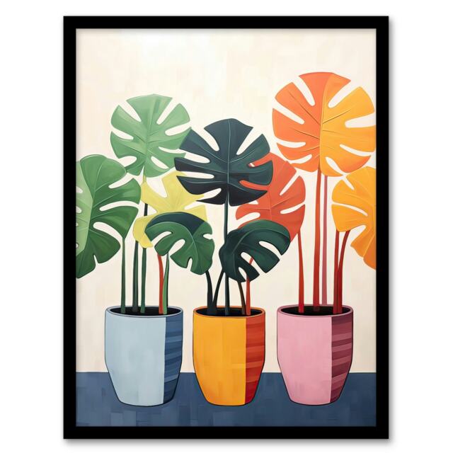 Trio Colourful Monstera Cheese Plant Pots Black Framed Wall Art Print A4