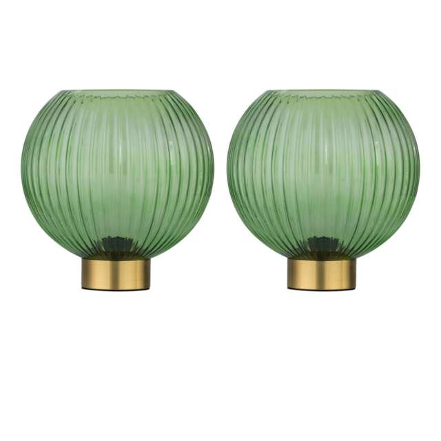 Set of 2 Betchley - Battery Operated Satin Brass Lamp with Green Glass Gold Green Medium 2