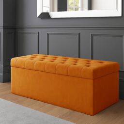 120cm SD Ottoman Storage Box, Burnt Orange Velvet Upholstered Chesterfield Storage Ottoman Box