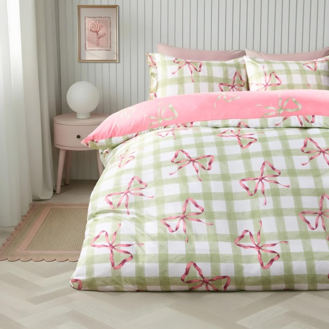 OHS Bow Gingham Bedding Set Microfibre Duvet Cover with Pillowcase Green Green/White Single