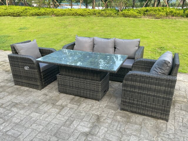 Fimous Dark Mixed Grey Rattan Outdoor Garden Furniture Lifting Adjustable Dining Or Coffee Table Sets Lounge Sofa Recling Chairs 5 Seater
