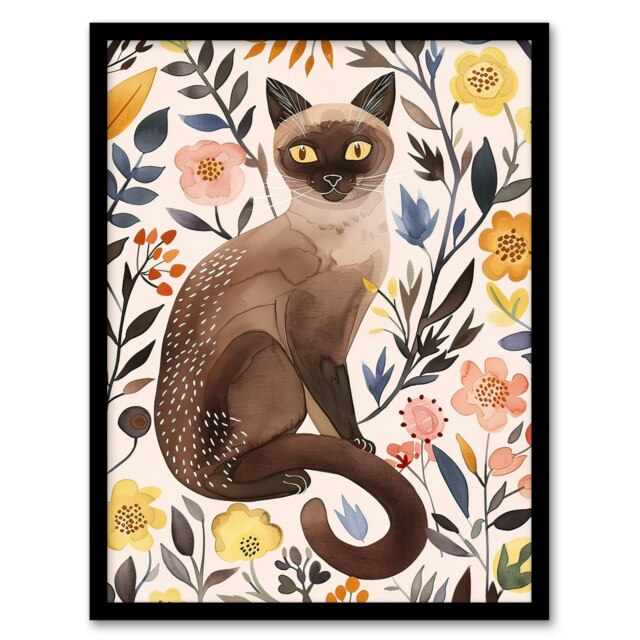 Burmese Cat Lover Watercolour Wildflower Portrait Black Framed Wall Art Print A4