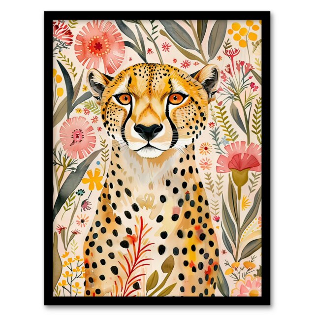 Cheetah in Exotic Flower Garden Watercolour Black Framed Wall Art Print A4