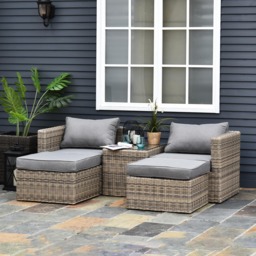 Outsunny 5 Piece Rattan Garden Furniture Set with 10cm Thick Cushions, Aluminium Frame Wicker Outdoor Balcony Sofa Set with Corner Armchairs, Ottomans, and Glass Top Table, Mixed Brown