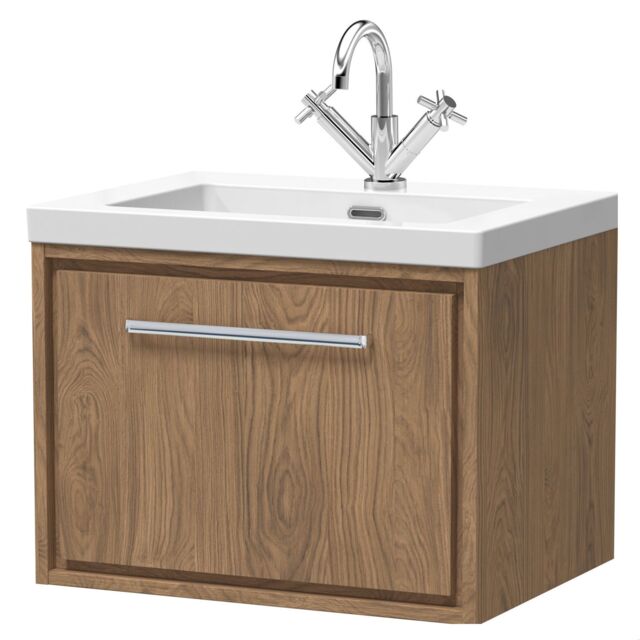 Balterley Longnor 1 Drawer Wall Hung Vanity Unit with 1 Tap Hole Modern Fireclay Basin, Antique Oak, 600mm