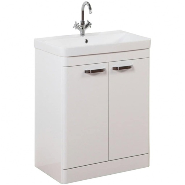 Bathroom 2-Door Floor Standing Vanity Unit with Basin 600mm Wide White 1 Tap Hole - White Gloss - Brassware Not Included White White 1