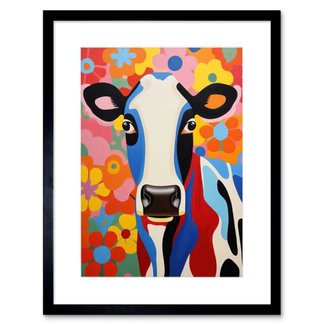 "Colourful Cow Portrait Bright Bold Floral Folk Art 9x7"" Black Framed Wall Art Print"