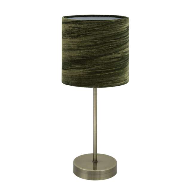 Antique Brass Stick Table Lamp with Green Crushed Velvet Shade