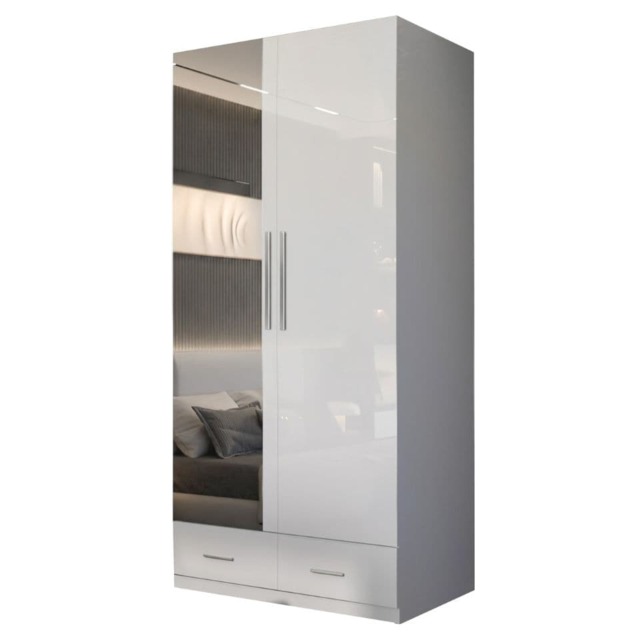 Sliding Wardrobes 4U High Gloss Wardrobe Range with Mirror and Silver Handles - 2 3 or 4 Door Sizes White Black or Grey Finish White White 90cm