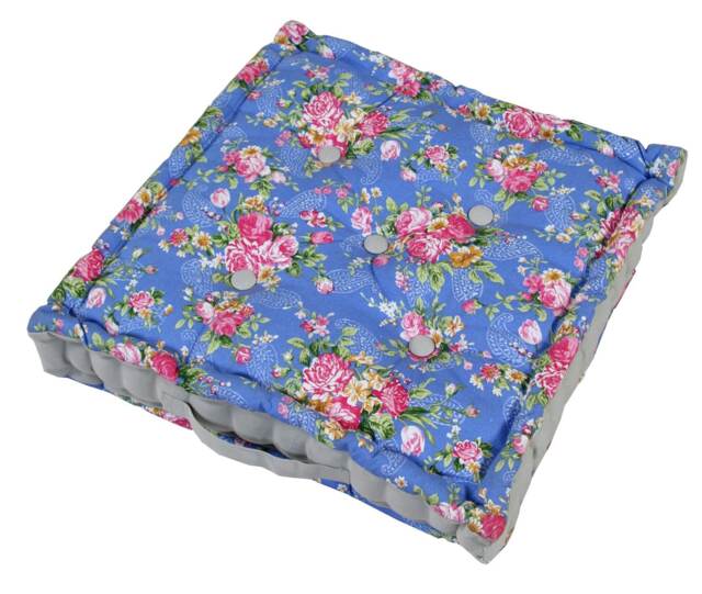 Homescapes Blue Roses Cotton Floor Cushion Blue 40 x 40 cm
