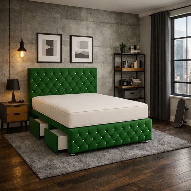 6FT Superking Green Plush Velvet Divan Bed With Headboard & Footboard and Memory Sprung Mattress 4 Drawers