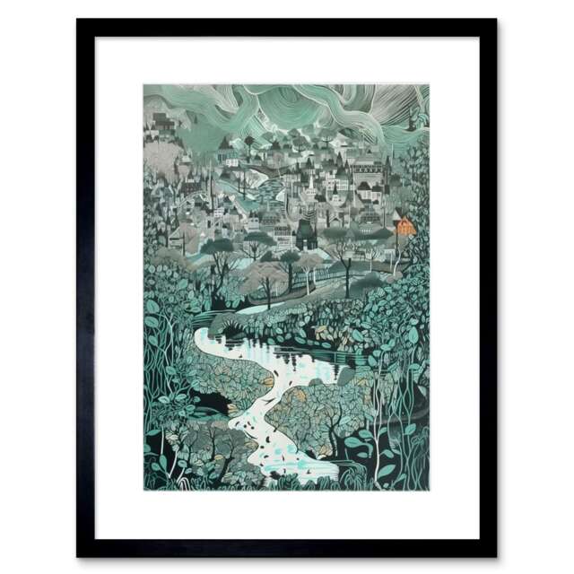 "Village Near River Forest Landscape Blue 9x7"" Black Framed Wall Art Print"