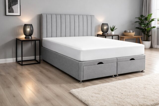Lift Up Ottoman Apollo Silver Plush 6ft Superking Bed Set Headboard with Mattress
