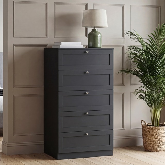 Vida Designs Altino Black Tall 5 Drawer Chest Storage Unit - H: 121cm x W: 65cm x D: 36cm