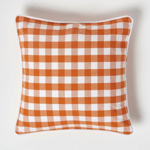 Homescapes Orange Block Check Cotton Gingham Cushion Cover - 45 x 45 cm Orange Orange 45 x 45 cm