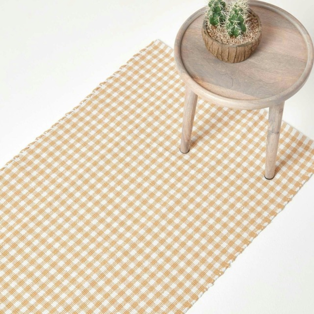 Homescapes Cotton Gingham Check Hall Runner Hand Woven Beige White - 66 x 200 cm Cream Beige