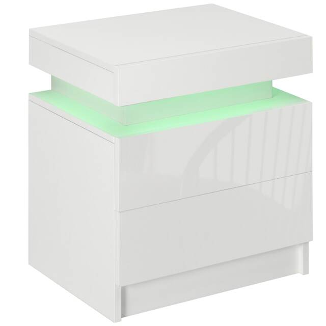 HOMCOM High Gloss Front Bedside Table, Nightstand with RGB LED Light and 2 Drawers, Chest of Drawers for Bedroom, Living Room, White