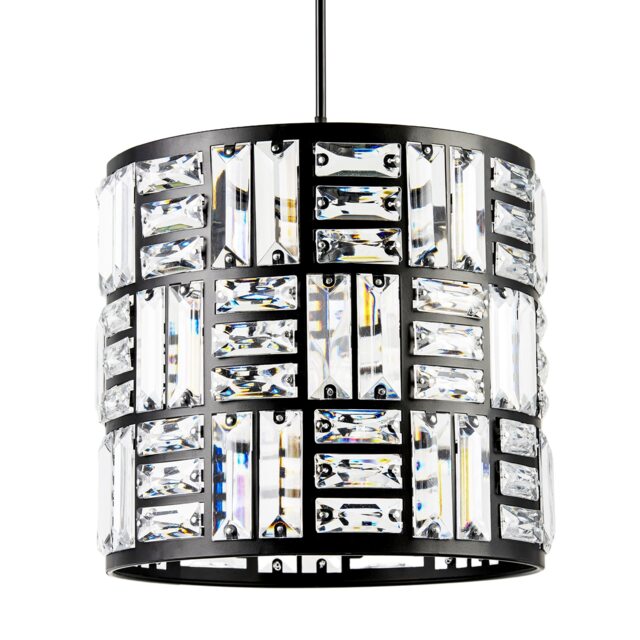 Modern Circular Drum Matte Black Pendant Shade with Clear Acrylic Rods