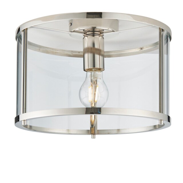 Hopton Cylindrical Ceiling Light Bright Nickel, Clear Glass Shade