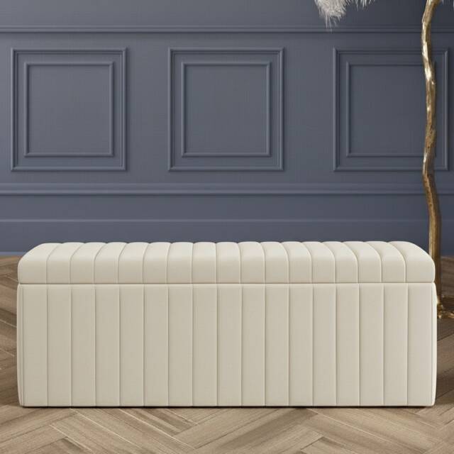 90cm Wide Lux Ottoman Storage Box, Cream Velvet Upholstered Full Striped Storage Ottoman Box