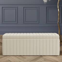 90cm Wide Lux Ottoman Storage Box, Cream Velvet Upholstered Full Striped Storage Ottoman Box