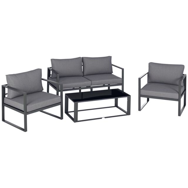 Outsunny 4 Pieces Garden Sectional Sofa Table Furniture Set Aluminium w/ Cushion Grey